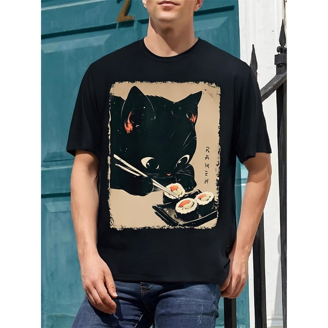 Camiseta de gato kawaii comiendo sushi, 100 % algodón, cuello redondo, manga corta, informal, estampado geométrico, para todas las estaciones, corte regular, tejido de punto de 220 g/m² - Divertido es