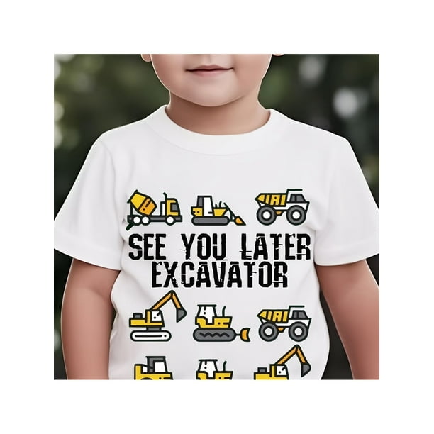 Camiseta 100 % algodón con estampado de excavadora "Nos vemos luego", manga corta, cuello redondo, estilo kawaii, moda informal 2025