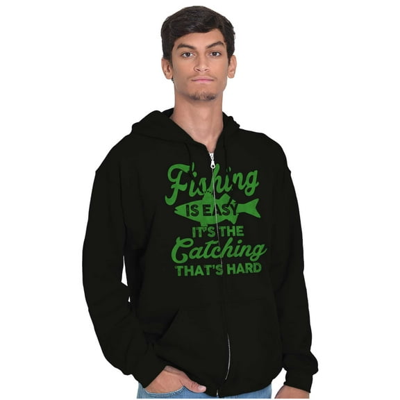 Angler Fishing Humor Easy Hard Catch Unisex Fleece Graphic Zip Up Hoodie Brisco Brands 2X