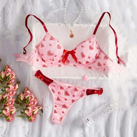 uublik Cute Lingerie Sets for Women Valentine s Day Spaghetti Strap 2 Piece Goth Wireless Bras and Panties Set Pink L