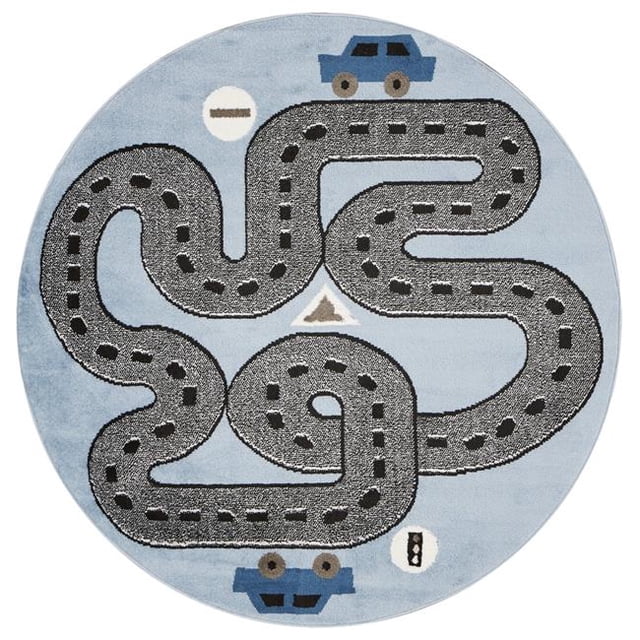 LR Home WHIMS81266SLB48RD Whimsical Racing Roadways Round Indoor Area Rug, Light Blue - 4 ft. 8 in.