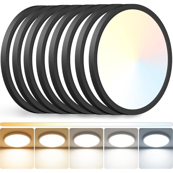 PLUHKN-12 inch LED Ceiling Light, 3000K/3500K/4000K/5000K/6500K Adjustable Flush Mount Light Fixture,3200LM 28W Thin Black Round Lamp for Hallway Kitchen Bathroom Bedroom, 8Pack