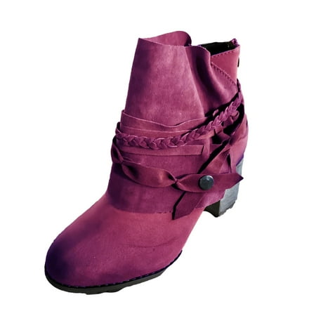 

YODETEY Womens Low-heeled Boots Clearance Plus Size Deals Boots Solid Color Ankle Thick Heel Round Head Boots Side Zipper Casual Boots Purple