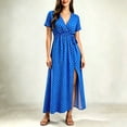 thumbnail image 3 of Ayolanni Summer Dresses for Women Short Sleeve V-Neck Boho Polka Dots Maxi A-Line Dress Side Slit Vacation Workout Tie Waisted Sundress Blue XS, 3 of 4