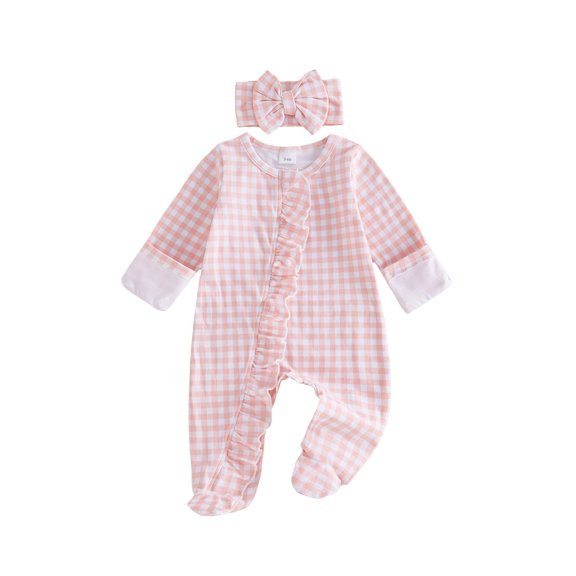 Svuitmsl Premium Newborn Baby Girl Hospital Going Home Outfit Spring Fall Winter Clothes Plaid Gingham Footed Romper Long Sleeve Ruffled Zipper Footie Jumpsuit with Headband