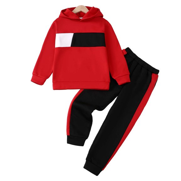 Kucnuzki 11 Years Big Boys Winter Outfits 12 Years Big Boys Warm Clothing Sets Long Sleeves Pullover Hoodie Color Block Hooded Sweatshirt Color Contrast Pants 2pcs Sets Red