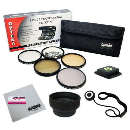 Lens Hood Bubble L + Carry Pouch Includes Opteka Filter Kit UV, CPL, FLD, ND4 and 10x Macro 55MM Professional Lens Filter Accessory Kit for SONY Alpha Series A99 A77 A65 A58 A57 A55 A390 A100 DSLR Cameras with a 18-55MM Zoom Lens Cap Keeper Leash