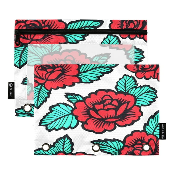 ALAZA 2 Pack Pencil Pouch Rose Flower Leaves Pencil Case for 3 Ring Binder Clear Window Pencil Bag Organizers