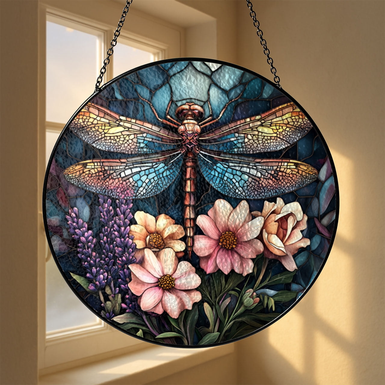 Dragonfly Acrylic Faux Stained Glass Suncatcher – Lavender Window Decor
