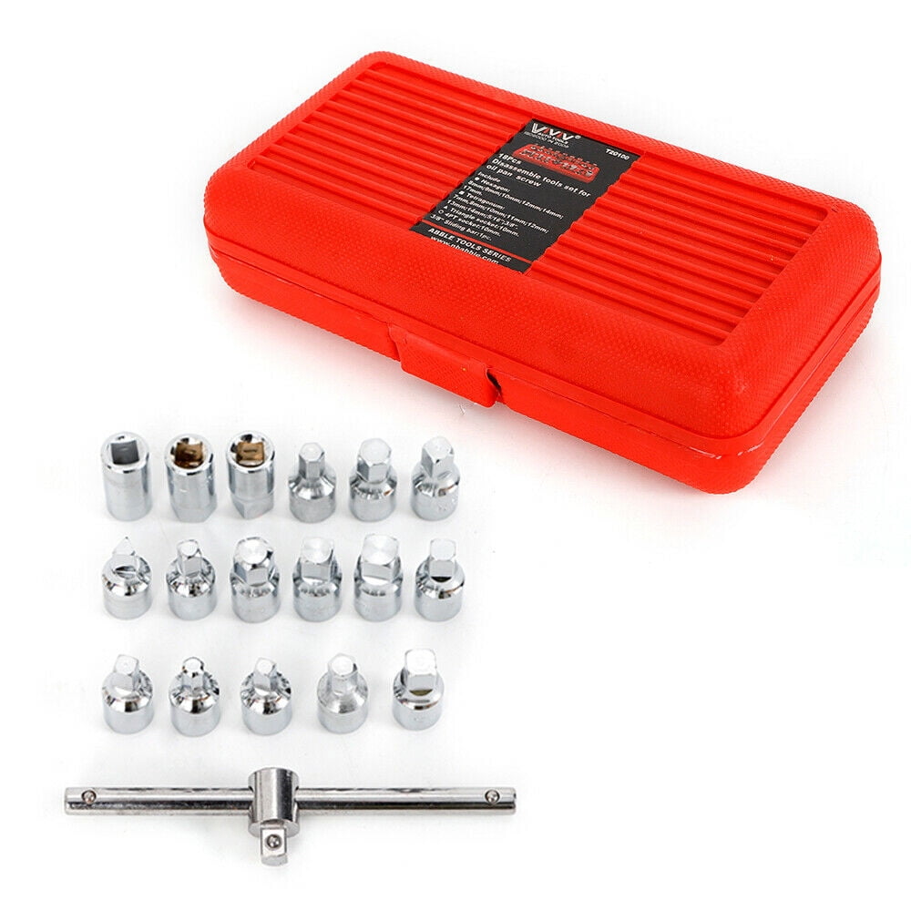 18PCS Oil Drain Pipe Plug Hexagon Square Socket Key Removal Tool Set 3/8'' Drive