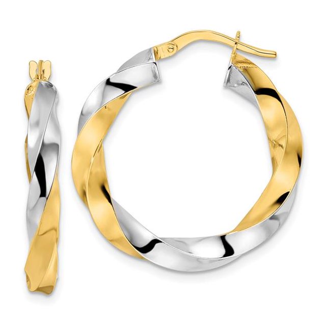 Quality Gold TF2107 14K Yellow & Rhodium Polished Twisted Hoop Earrings