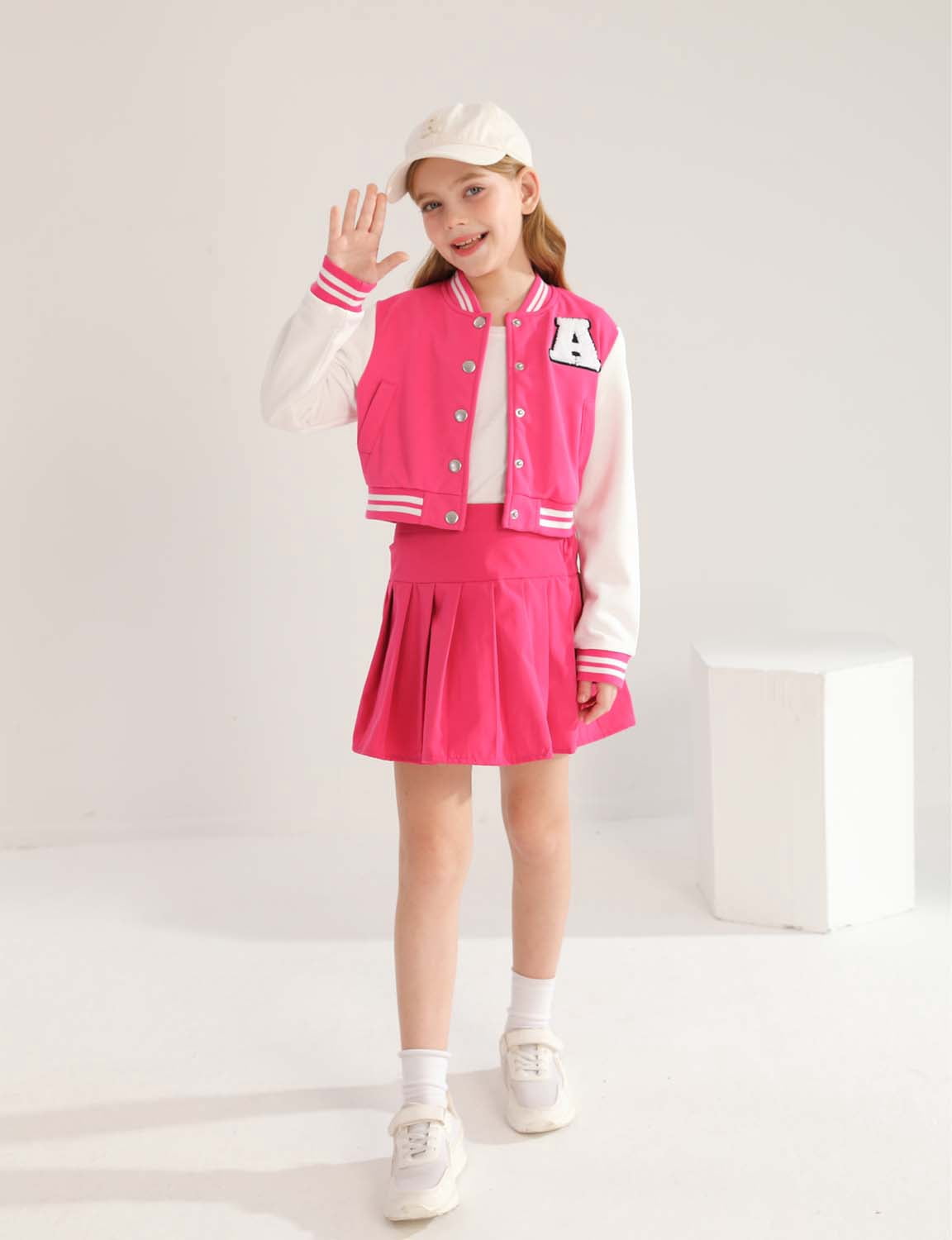 9 Years Big Girls Winter Outfits 10 Years Youth Child Kids Clothes Set Long Sleeves Letter Embroidery Baseball Lacket Color Block Coat Pleated Skirt Set 2pcs Clothing Pink
