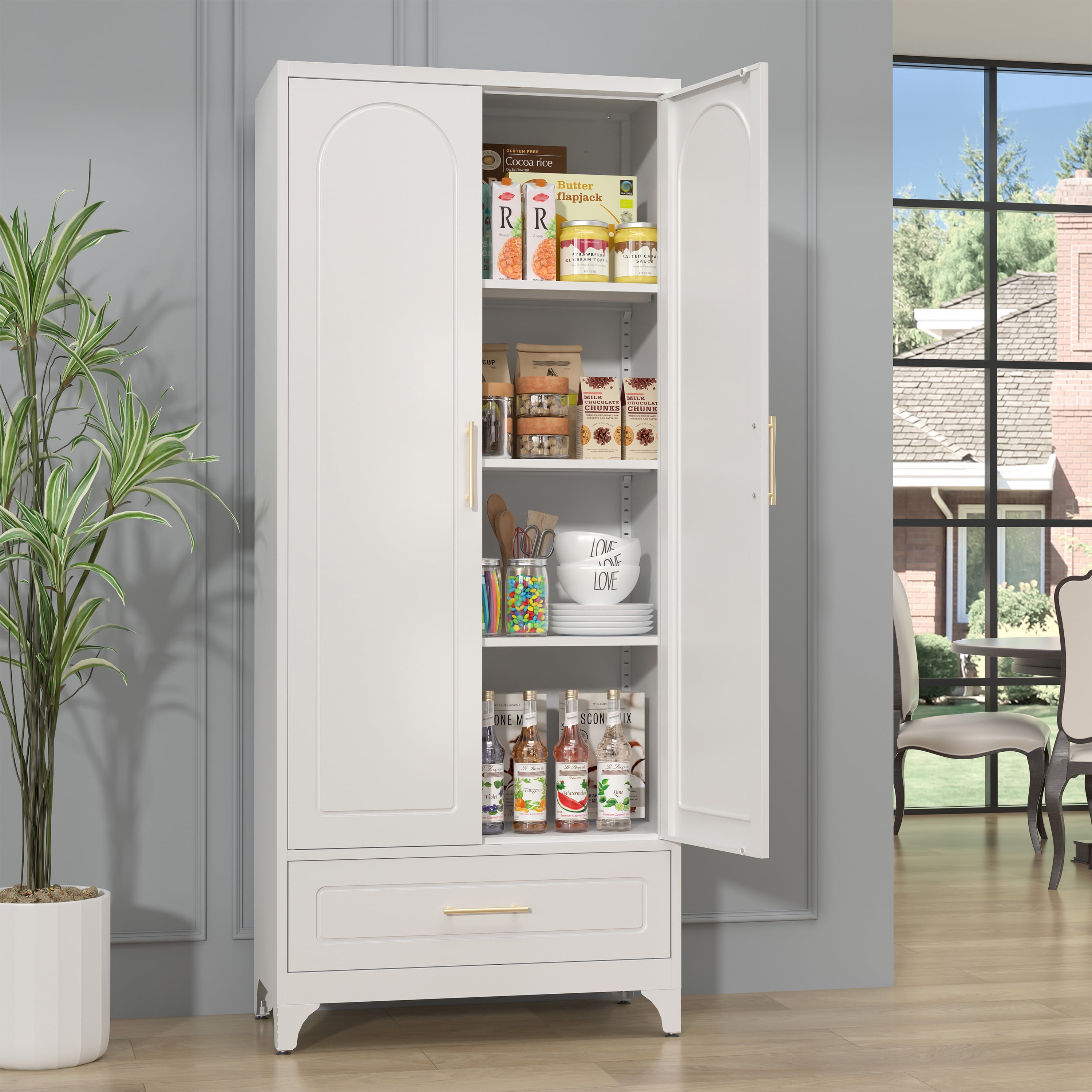 Polup 75" H White Kitchen Pantry Storage Cabinets with Drawers, Doors and Shelves, Steel Large Cupboard