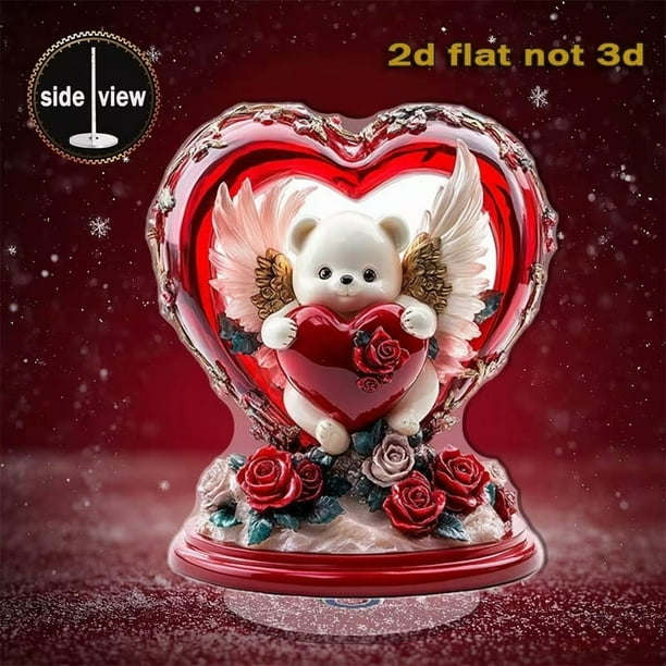 Adorno de osito de peluche acrílico | Figurilla decorativa giratoria 2D | Diseño transparente y duradero • Acento en casa divertido • Regalo de San Valentín • Exposición de escritorio en estantería
