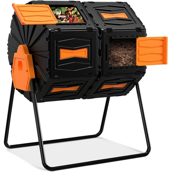Compost Tumbler, Easy Assemble & Efficient Outdoor Compost Bin, 45 Gallon/170 Liter Large Dual Chamber Rotating Composter for Garden, Kitchen, and Yard Waste, Orange Door