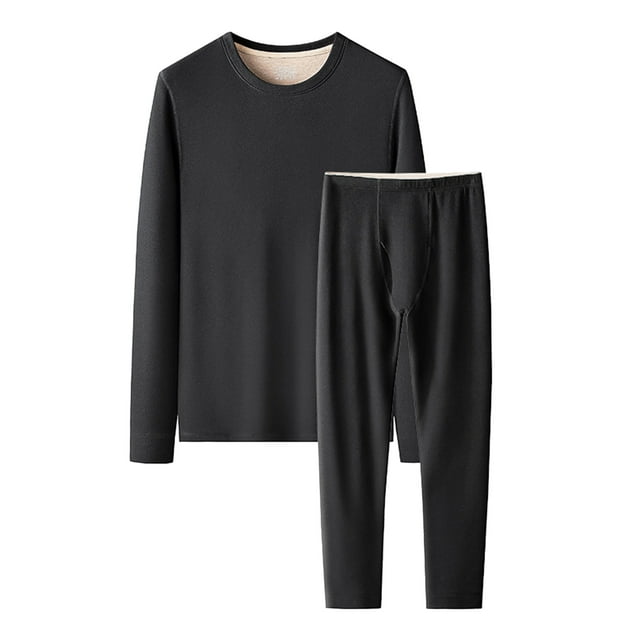 Men's Plus Size Autumn Winter Silk Wool Blend fleeced Lined Base Layer Set, Black, Size 5XL
