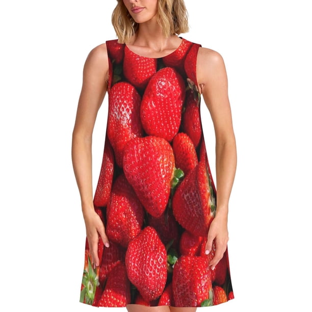 Balery Strawberry Red Vestidos de verano para mujer con estampado: vestido holgado sin mangas, vestido playero informal y cómodo para días calurosos.