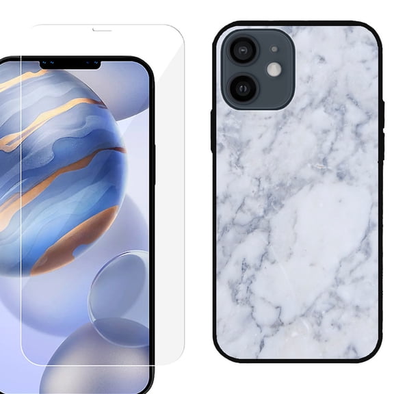 Slim-Fit Protective Phone Case (Black) compatible with iPhone 12 / iPhone 12 Pro, with Tempered Glass Screen Protector, by OneToughShield ® - Marble / Clouds