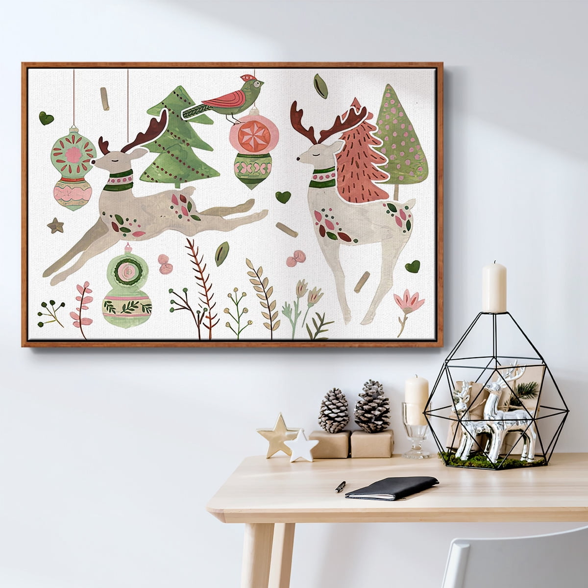 Reindeer Wishes Collection A - Framed Gallery Wrapped Holiday Canvas - 27 x 41 - Rosewood Frame