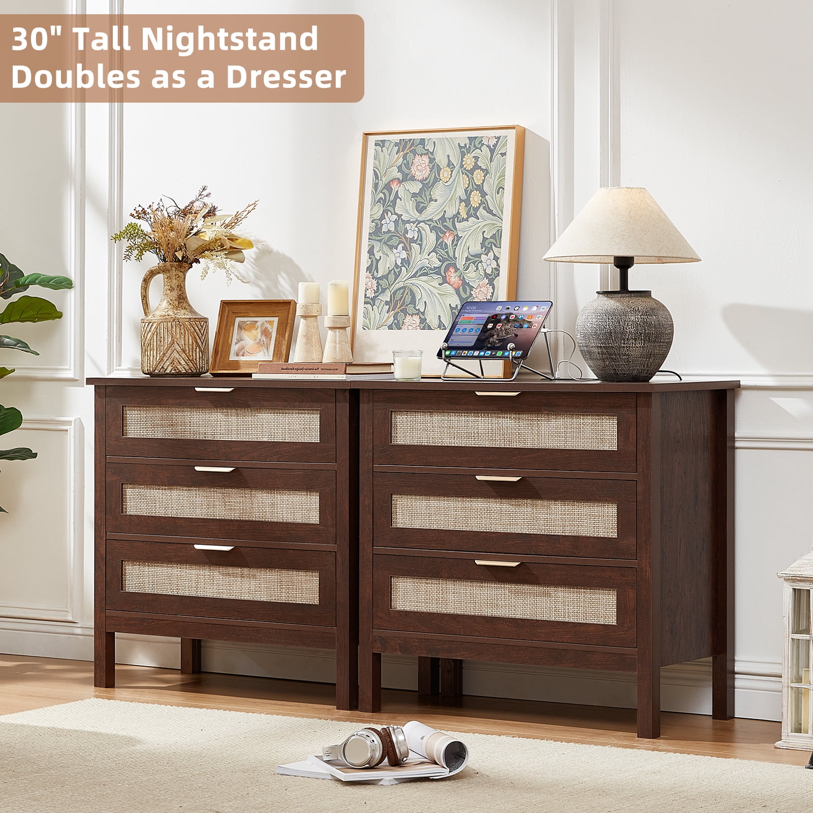 2 Pcs Leyaoyao 3-Drawer Storage Nightstand with Charging Station, 31.5" Wide Rattan Bedside Table, Boho Storage Cabinet with Shelf for Bedroom, Living Room, Walnut