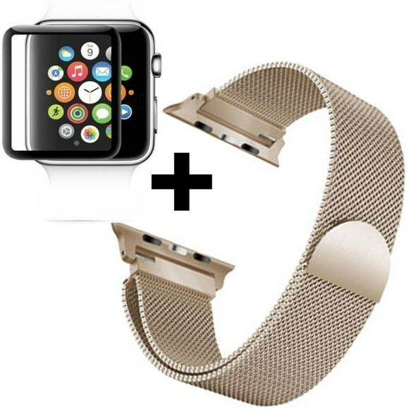 Apple Watch 42mm Band Stainless Steel Magnetic Loop Watch Band Screen Protector Milness Strap for iWatch SE Ultra Series 8 7 6 5 4 3 2 1 - Gold
