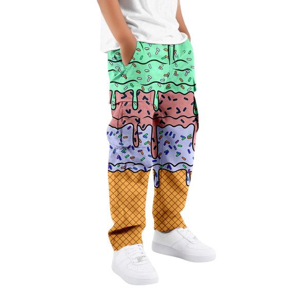 RUTAYY Boys Cargo Pants Ice Cream Print Drawstring Waist Side Pockets Casual Outdoor Wear Comfortable Trousers, Light Green