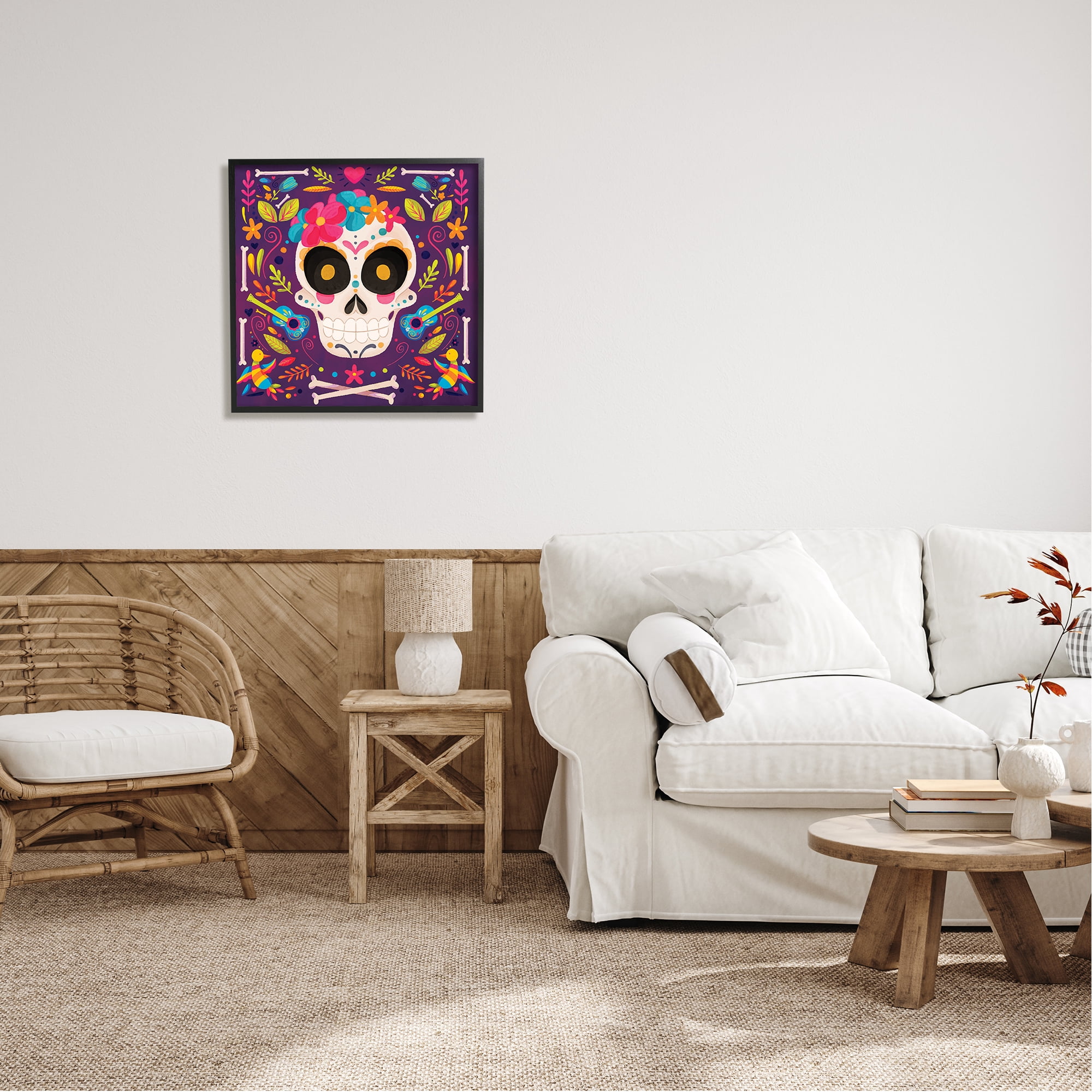 Stupell Industries Day Of Dead Floral Patterned Skull Holiday Painting Black Framed Art Print Wall Art