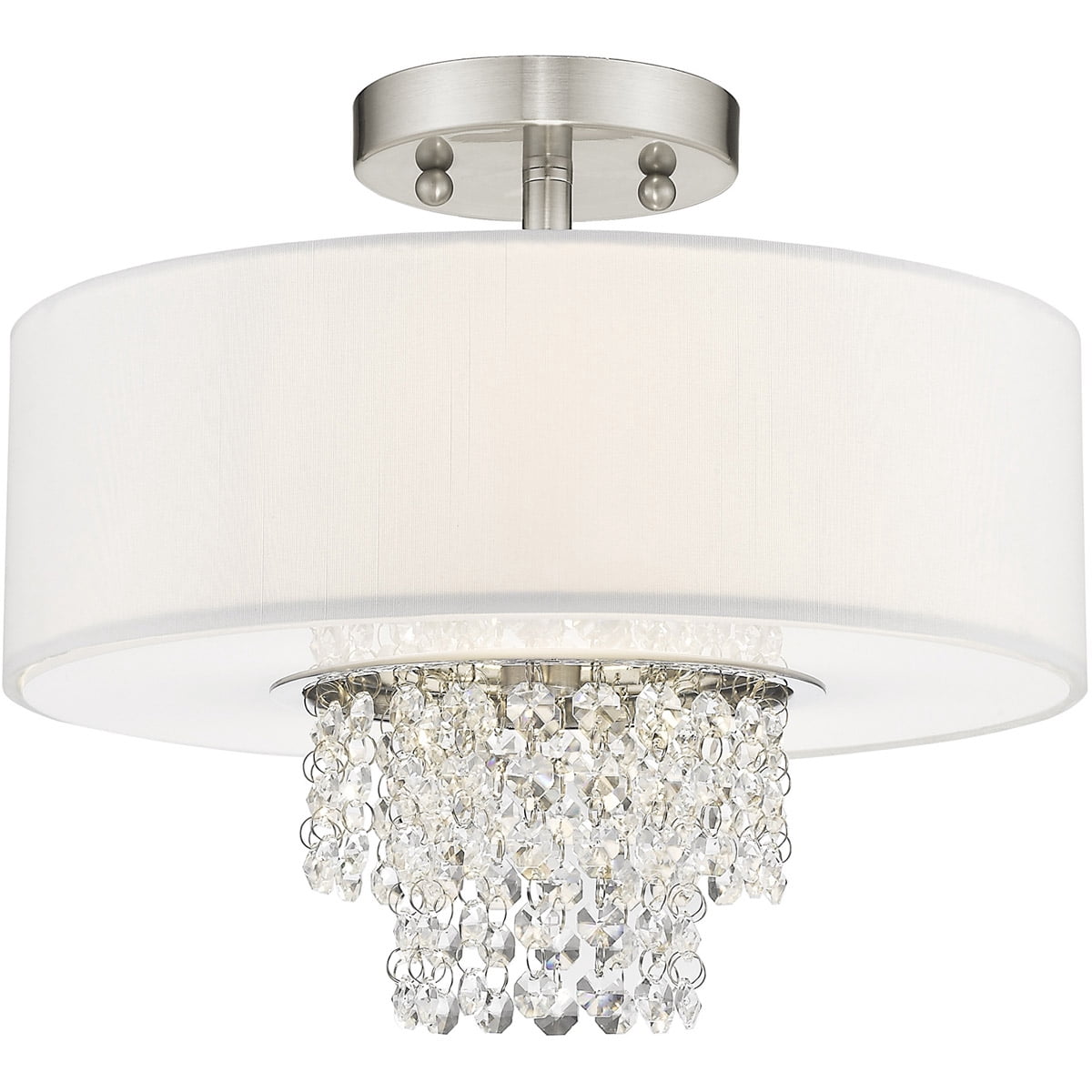 2 Light Brushed Nickel Ceiling Light fixture with Clear Crystals/ Hand Crafted Off-White Fabric Hardback Shade