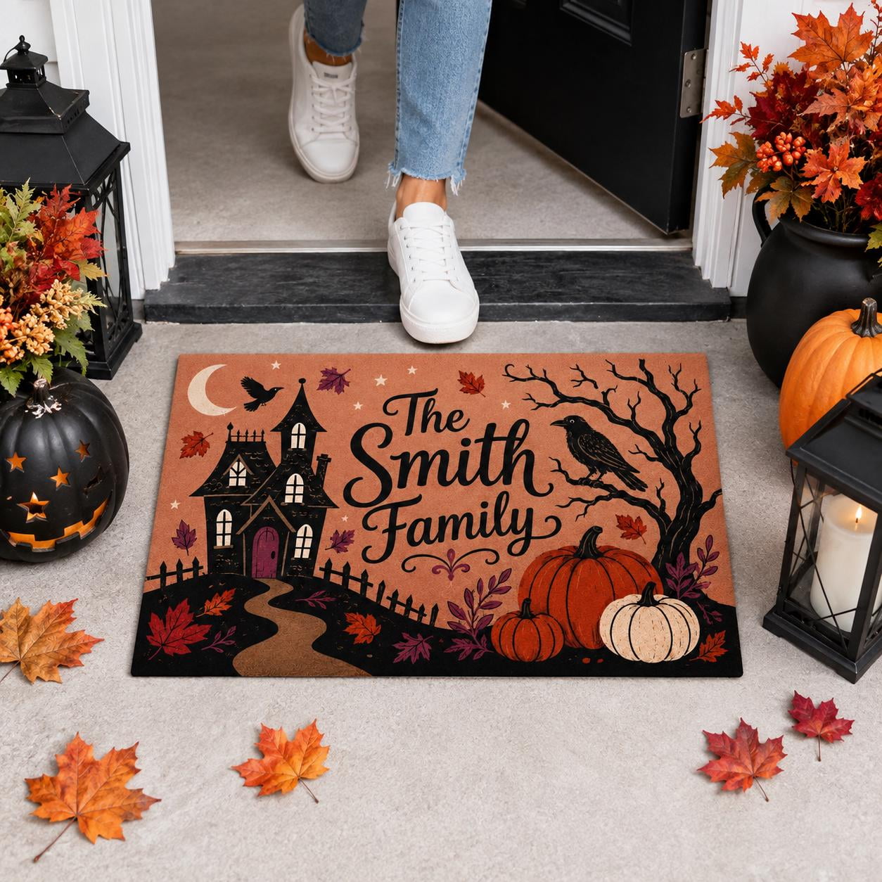 Personalized Family Name Haunted House Doormat 30 x 18 in Polyester Surface Door Mat with Rubber Backing Flat Pile Rectangle Entryway Porch Decor Seasonal Home Accent by Adoorable Doormat