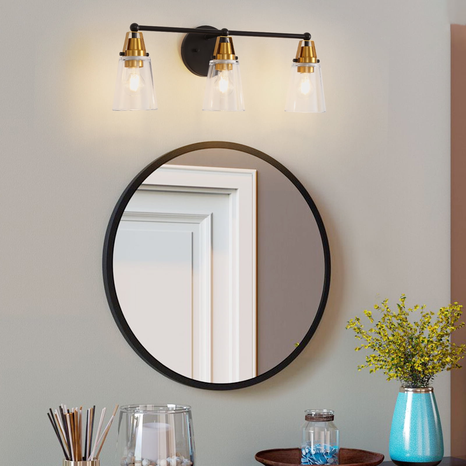 Modern 3-Light Black & Bronze Bathroom Vanity Light with Clear Glass Shade - E26 Wall Sconces for Living Room, Bedroom, Hallway (Bulb Not Included)