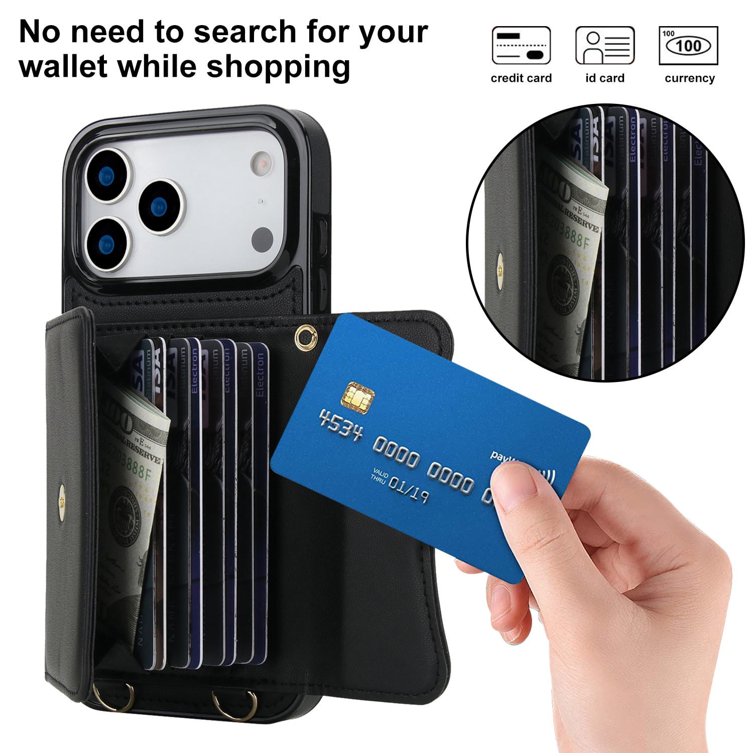 8 Card Crossbody Strap Case for iPhone 17 Pro - Black