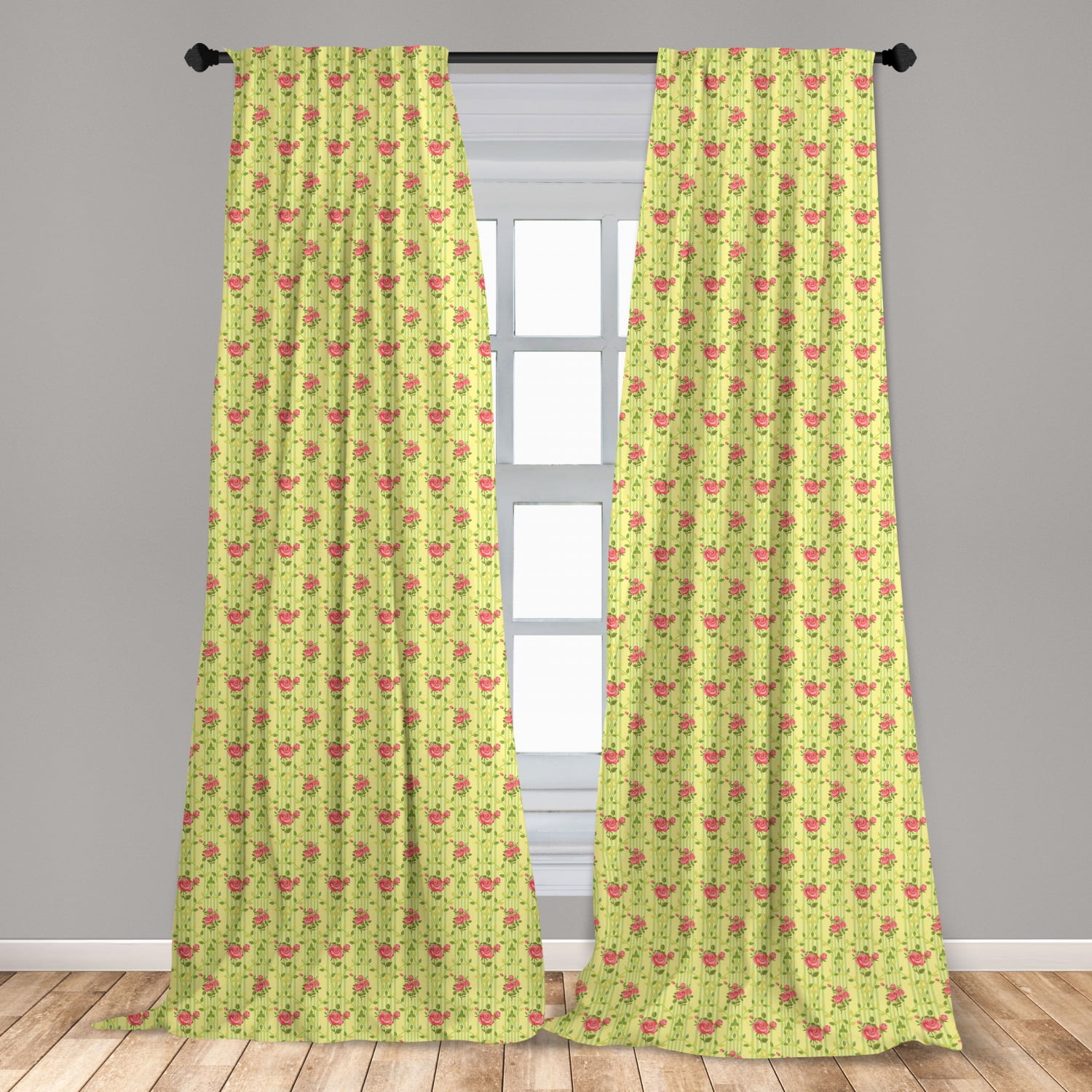 Spring Curtains 2 Panels Set, Flourishing Roses with Leaves on Striped