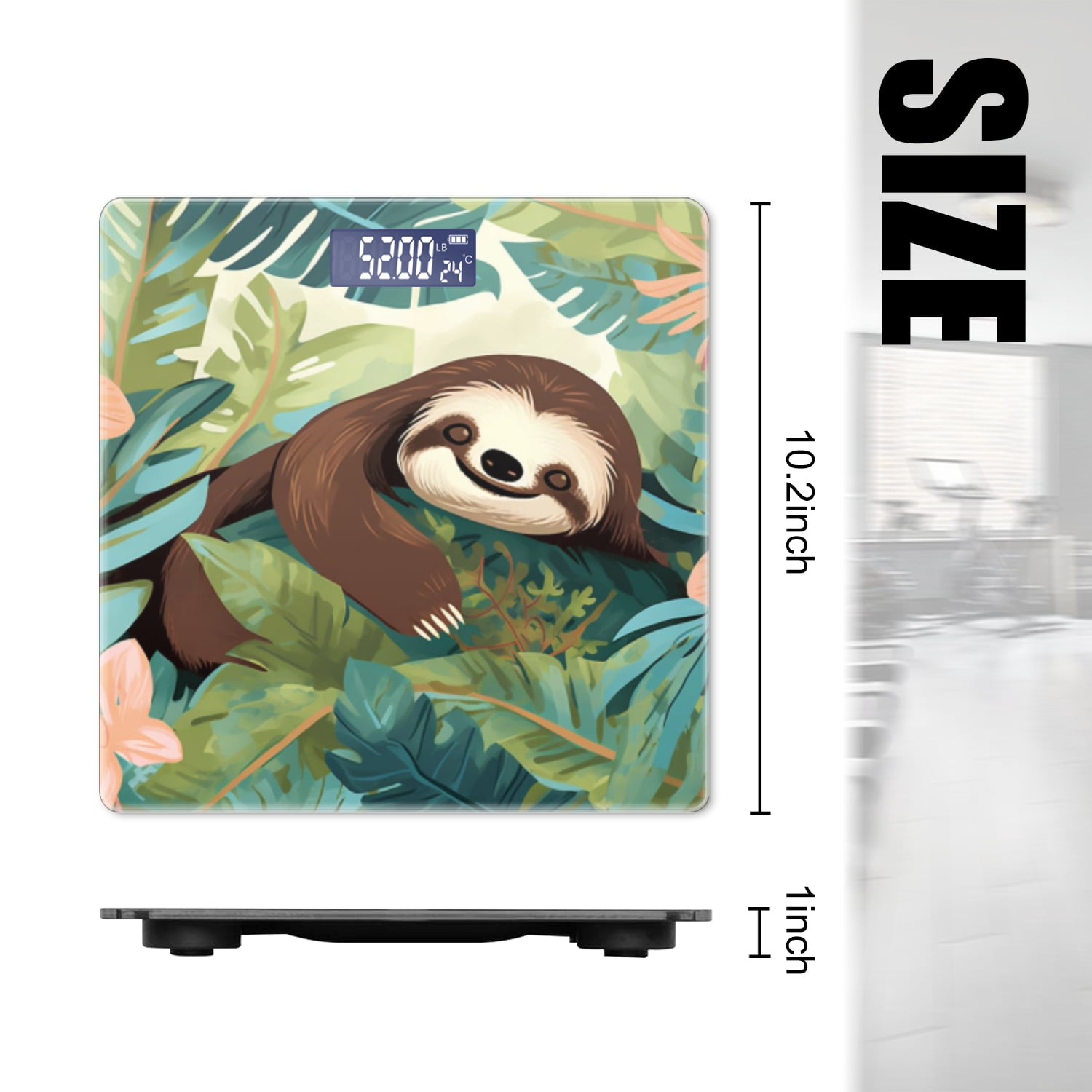 High Precision Body Weight Scale Smart Bathroom Scales with Large LCD Display(400lbs),Decorative for Bedroom-Cute Cartoon Sloth Surrounded By Tropical Leaves
