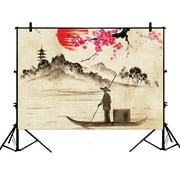 YKCG 7x5ft Creative Classical Japanese Ink Painting Sunset Sakura Branches Fishman Lake Landscape Photography Backdrops Polyester Photography Props Studio Photo Booth Props