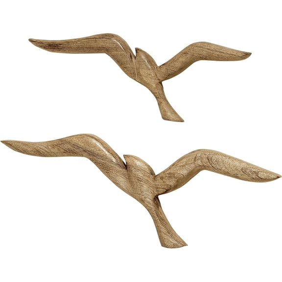 Americana Flying Sea Gulls Wall Sculptures, Curated Set of 2, Handcrafted, Carved of Solid Mango Wood, Each Over 1 Foot Long (18 x 6 1/4 and 14 1/4 x 5 Inches)