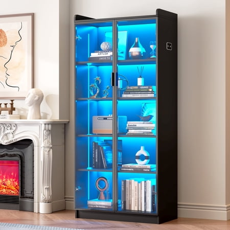 Kasibie 65"Modern LED Display Cabinet,Cabinet with Glass Doors and Adjustable Shelf,Bookshelf Sideboard for Living Room