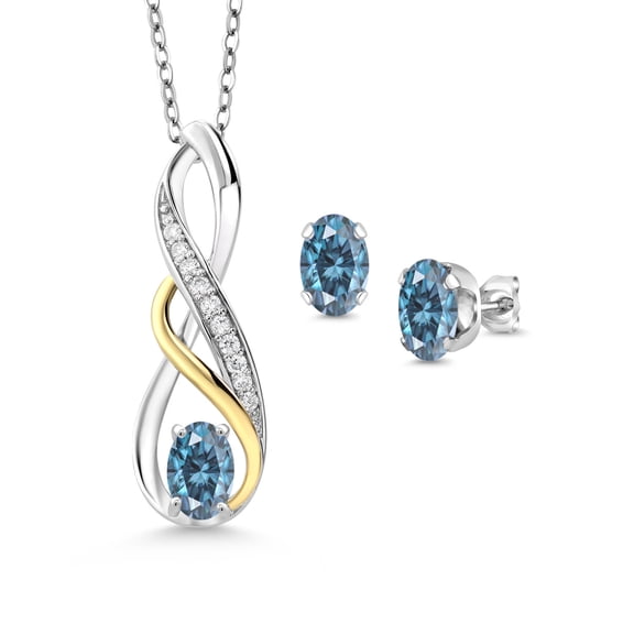Gem Stone King 925 Silver and 10K Yellow Gold Pendant and Earrings Jewelry Set Persian Blue Moissanite Lab Grown Diamond (1.42 Cttw)