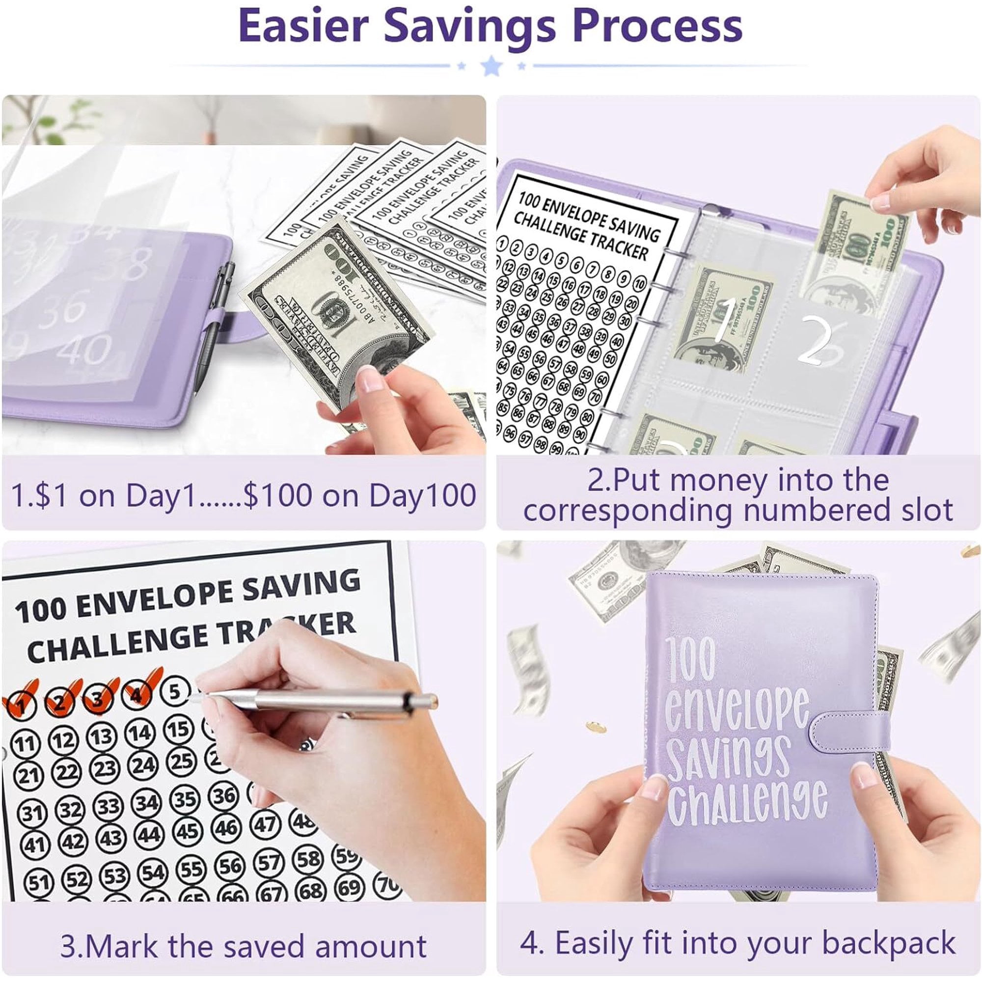 PandaTop 100 Envelopes Money Saving Challenge Binder, Blue Savings Challenges Book with Envelopes, Savings Binder Budget Binder with Cash Envelopes to Save $5050