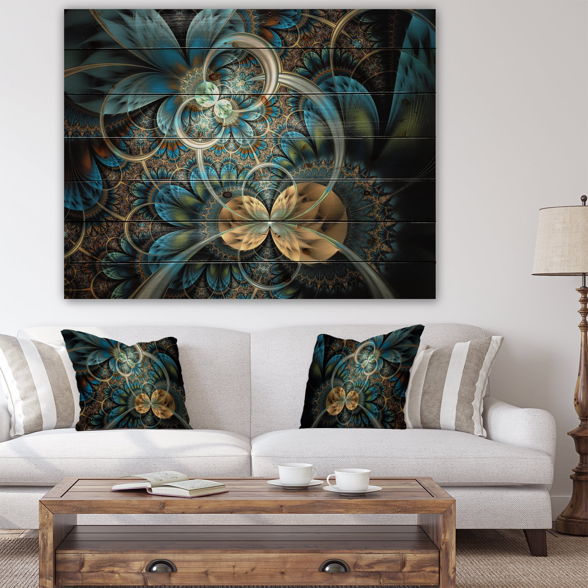 Designart 'Symmetrical Gold Blue Fractal Flower' Abstract Print on Natural Pine Wood