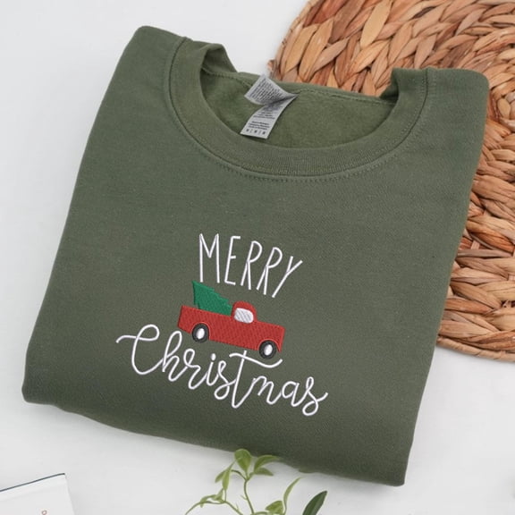 Red Truck & Christmas Tree Embroidered Crewneck, holiday sweater, Truck Christmas Sweatshirt, christmas tree sweater, Truck Sweatshirt
