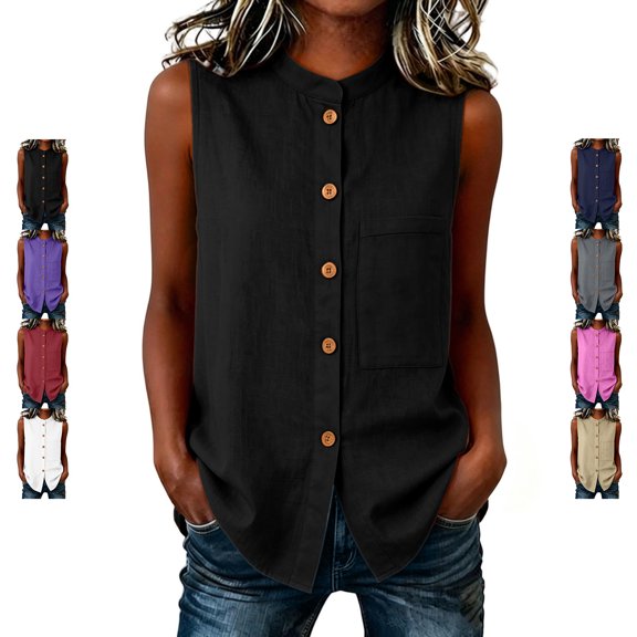 TGSLY Women's Linen Mandarin Collar Tank Tops Lightweight Soft Crew Neck Sleeveless Button Down Vest Relaxed Fit Dressy Casual Solid Color Shirts with Pocket XXL