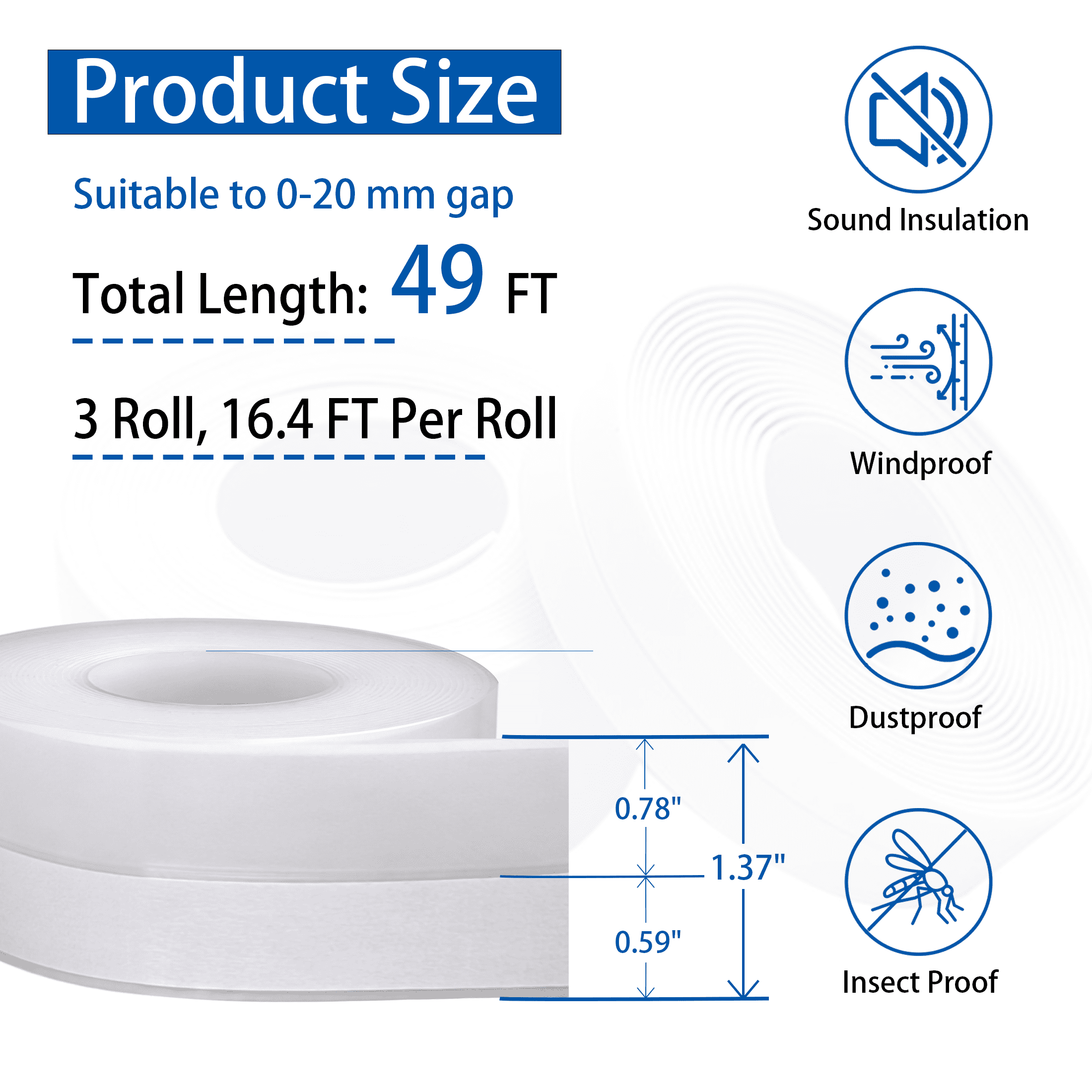49 FT Clear Self Adhesive Weather Stripping Tape, Windproof Sound Insulation Silicone Door Window Seal Strip For Door Bottom, Sliding Window & Bathroom