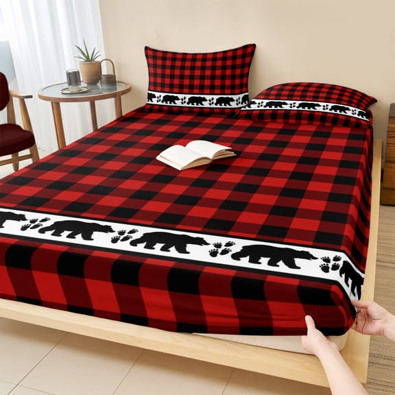 Twin Sze Fitted Sheet Set - Red Black Plaid 2 Piece Bedding Sets 16" Deep Pocket Fitted Sheet with 1 Pillowcase, Country Vintage Bear Buffalo Gingham Brushed Microfiber Hotel Luxury Bed Sheets