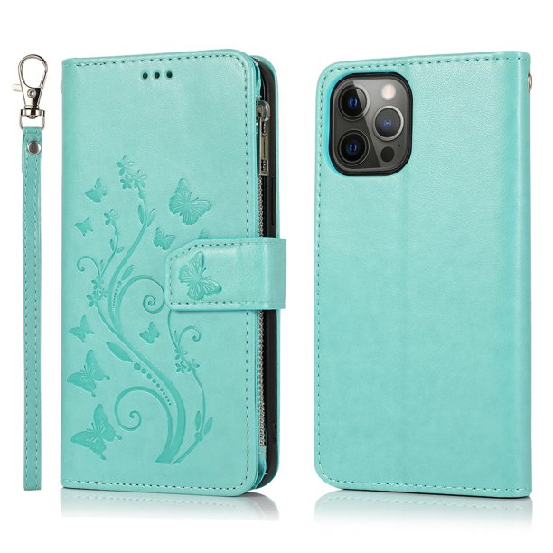 Dteck Iphone 12 Case Iphone 12 Pro Case Folio Case Embossed Pu Leather Zipper Pocket Credit Card Holder Wallet Phone Case With Wrist Strap For 6 1 Iphone 12 Green Walmart Com