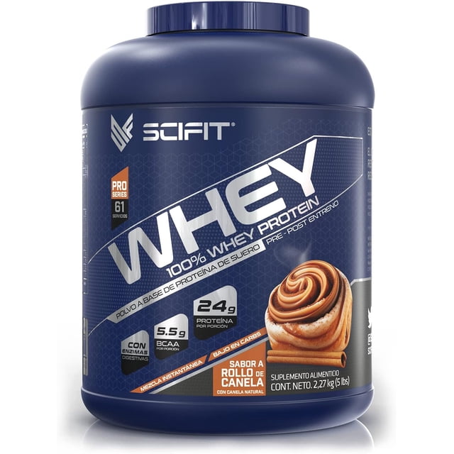 Proteína Whey Scifit, 24 g de Proteína, 100% Whey Protein, 61 Servicios, Sabor Rollo de Canela, Post Entrenamiento, Bajo en Carbs, 5lb (2,27 kg)