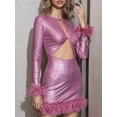 thumbnail image 4 of Diconna Femmes Soirée Partie Robe Plume Garniture Évider Manches Longues Bodycon Robe Cocktail Mini Robe, 4 of 7