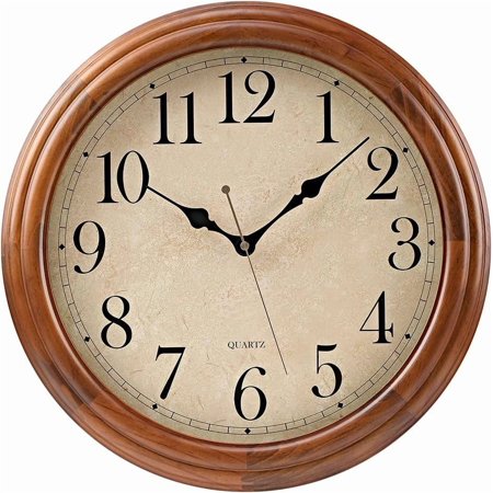 16 Inches Wooden Wall Clock with Retro Design, Large Round Wood Wall Clock with Big Arabic Numerals, Battery Operated Silent Non-Ticking Brown Clock for Living Room, Kitchen, Bedroom.