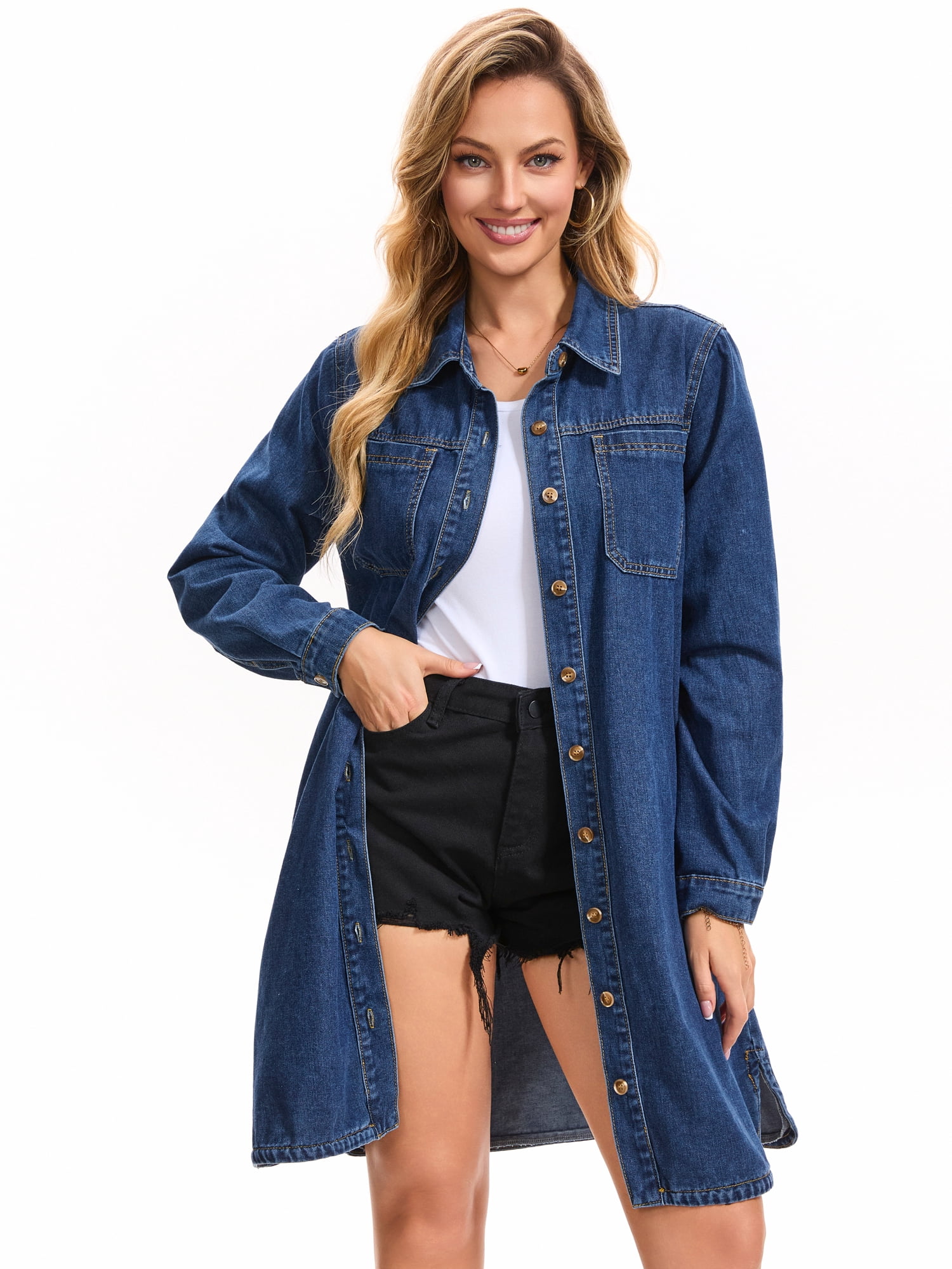 DARING DIVA Women's Denim Long Sleeve Button Down Jean Dress 2XL Dark Blue