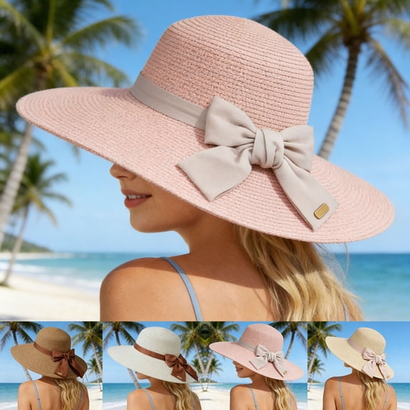 XINPING Women's Bow Ribbon Straw Sun Hat, Wide Brim UV Protection Beach Vacation Hat with Satin Bow, Breathable and Stylish for Summer and Outdoor Travel Beach, Hiking & Pool