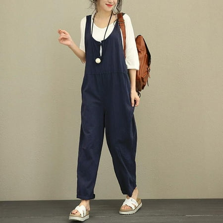 Poly Cotton Romper (Oversized Summer Women Casual Cotton Jumpsuit Strap Dungaree Trousers Overalls Romper Plus Long Pants Trousers)